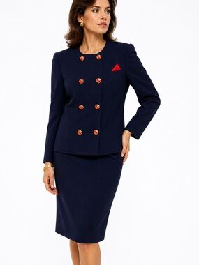 Vintage Good Times Navy Elastic Skirt Suit Set USA L/XL 12–14 Red Gold Button